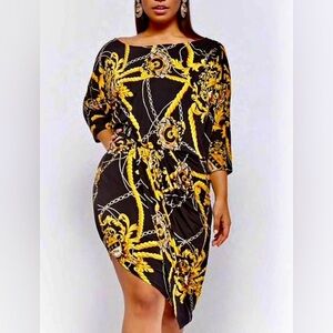 Cameo USA Women Black and Gold Chain Print Dress size XL